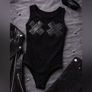 BLAQMARKET Black Mesh Bodysuit Small Sexy Sheer Clubwear Edgy Leather X NWT